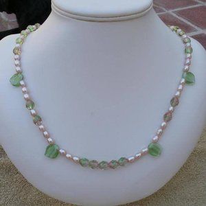 Pink & Green Bead & Pearl Necklace & Earrings Set